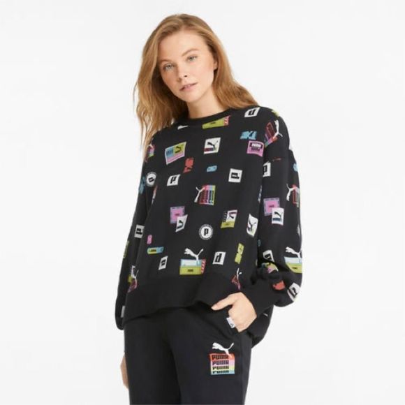 NWT PUMA WOMEN BRAND LOVE OVERSIZED AOP CREW 534351-01 Ribbed - Size M - Picture 1 of 7